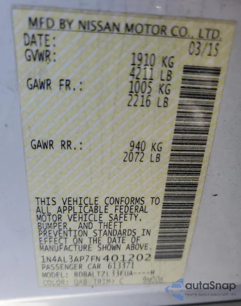 2015 Nissan Altima 2.5 из США, поврежденный, VIN 1N4AL3AP7FN401202